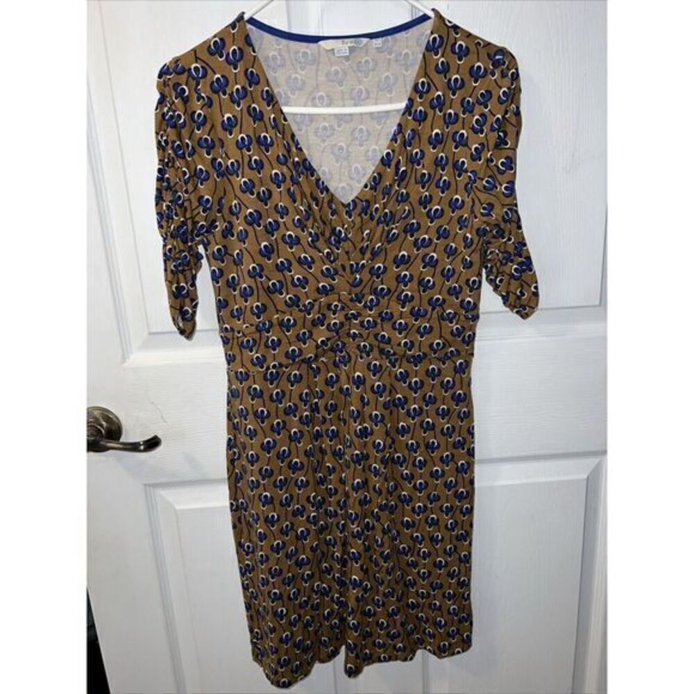 Boden Women's Dress Size 8 Tan & Blue Flowers Ruched Sleeves‎